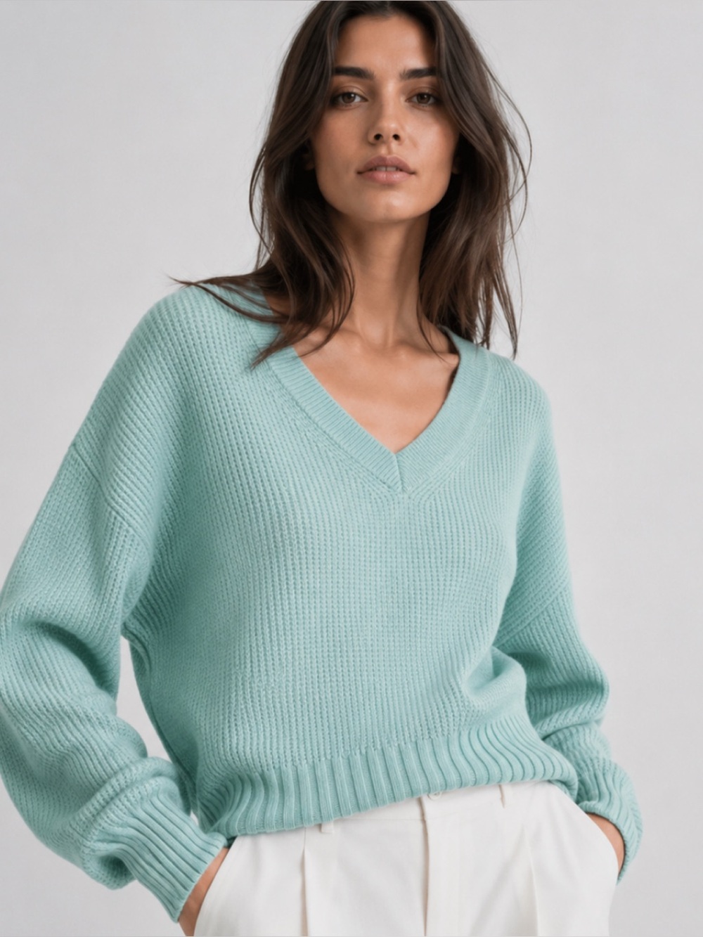 Sunny Cashmere Waffle Knit V-Neck Sweater in Mint Green